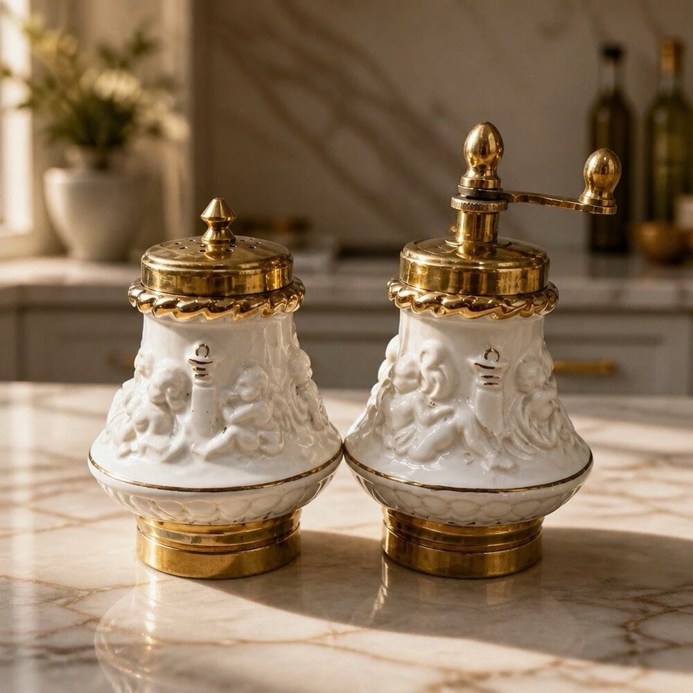 Italian Capodimonte Porcelain Salt Shaker Pepper Grinder Mill Cherubs Cupids 4”